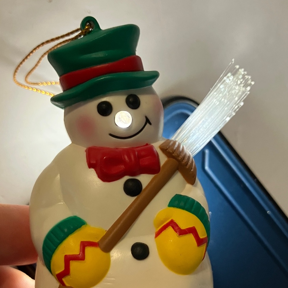 Vintage Avon Snowman Ornament with Green Hat and Red Bow Light up nose and broom - Picture 2 of 7